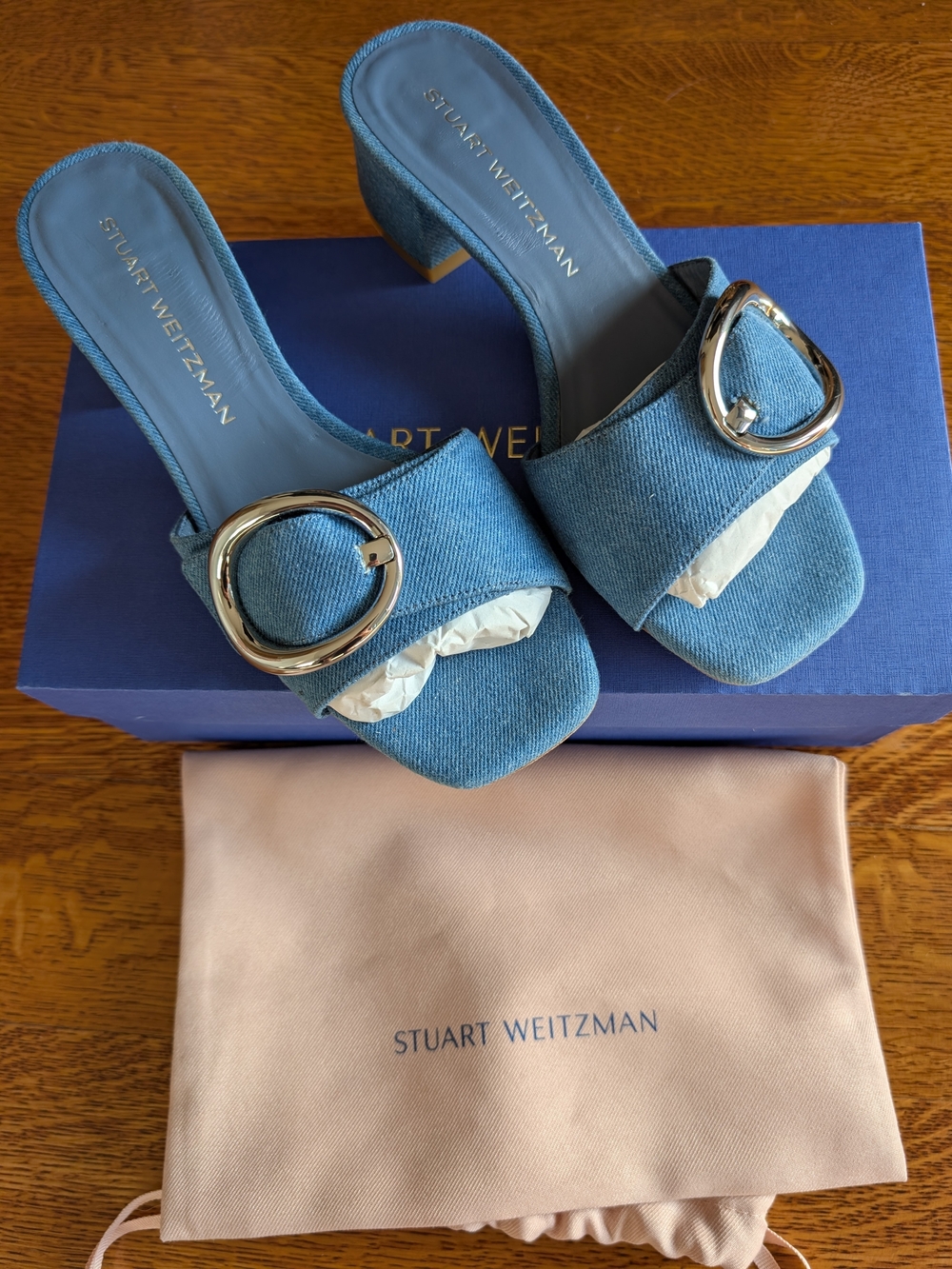 Stuart Weitzman Benni 35 Blue Denim Slide On Sandals w Buckle EU 39 US 8.5